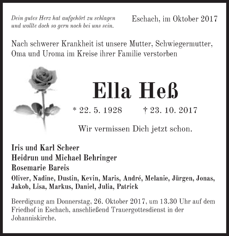  Traueranzeige für Ella Heß vom 25.10.2017 aus Gmünder Tagespost