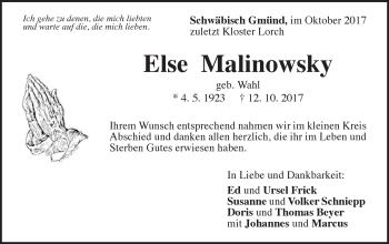 Traueranzeige von Else Malinowsky von Gmünder Tagespost
