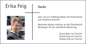 Traueranzeige von Erika Feig von Gmünder Tagespost