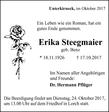 Traueranzeige von Erika Steegmaier von Gmünder Tagespost