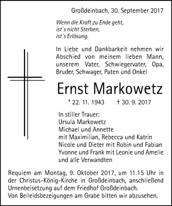 Traueranzeige von Ernst Markowetz von Gmünder Tagespost