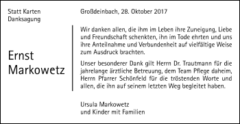 Traueranzeige von Ernst Markowetz von Gmünder Tagespost