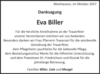 Traueranzeige von Eva Biller von Schwäbische Post