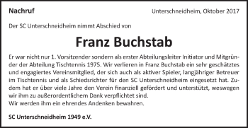 Traueranzeige von Franz Buchstab von Schwäbische Post