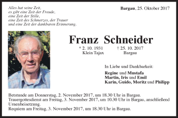 Traueranzeige von Franz Schneider von Gmünder Tagespost