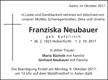 Traueranzeige von Franziska Neubauer von Schwäbische Post