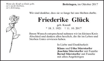 Traueranzeige von Friederike Glück von Gmünder Tagespost