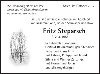Traueranzeige von Fritz Steparsch von Schwäbische Post