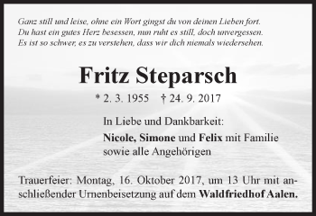 Traueranzeige von Fritz Steparsch von Schwäbische Post