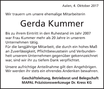 Traueranzeige von Gerda Kummer von Schwäbische Post