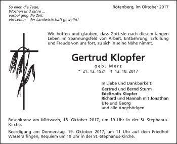 Traueranzeige von Gertrud Klopfer von Schwäbische Post