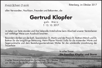 Traueranzeige von Gertrud Klopfer von Schwäbische Post