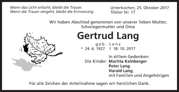 Traueranzeige von Gertrud Lang von Schwäbische Post