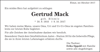 Traueranzeige von Gertrud Mack von Schwäbische Post