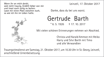 Traueranzeige von Gertrude Barth von Gmünder Tagespost