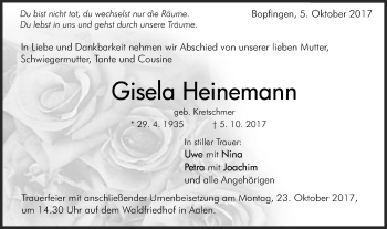 Traueranzeige von Gisela Heinemann von Schwäbische Post