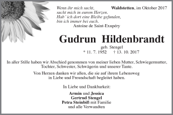 Traueranzeige von Gudrun Hildenbrandt von Gmünder Tagespost