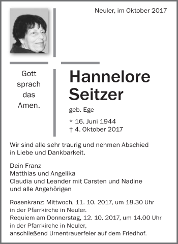 Traueranzeige von Hannelore Seitzer von Schwäbische Post