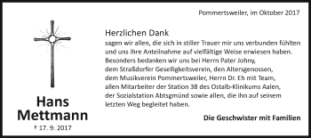 Traueranzeige von Hans Mettmann von Schwäbische Post