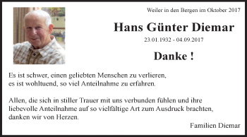Traueranzeige von Hans Günter Diemar von Gmünder Tagespost
