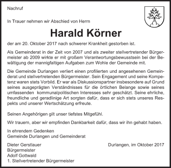 Traueranzeige von Harald Körner von Gmünder Tagespost
