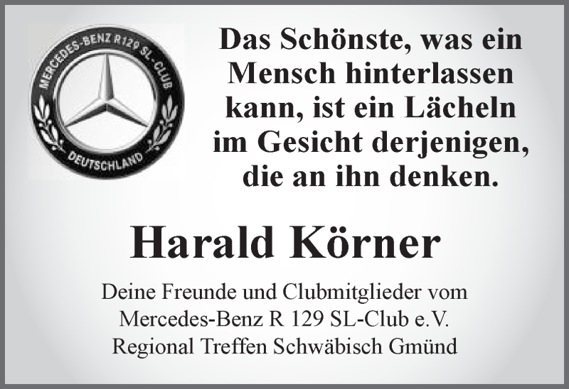  Traueranzeige für Harald Körner vom 26.10.2017 aus Gmünder Tagespost