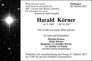 Traueranzeige von Harald Körner von Gmünder Tagespost
