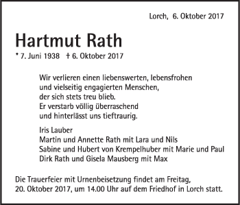 Traueranzeige von Hartmut Rath von Gmünder Tagespost