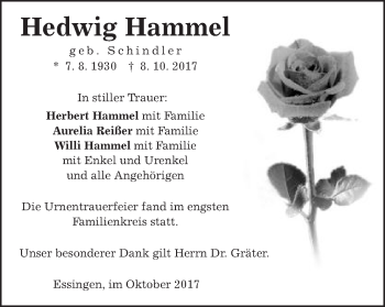 Traueranzeige von Hedwig Hammel von Schwäbische Post