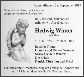 Traueranzeige von Hedwig Winter von Schwäbische Post