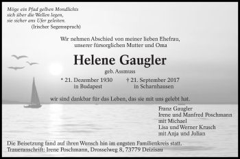 Traueranzeige von Helene Gaugler von Schwäbische Post