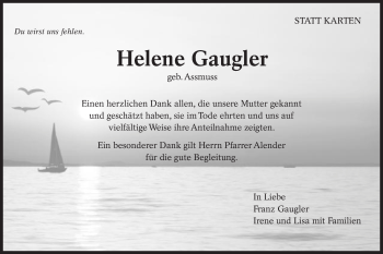 Traueranzeige von Helene Gaugler von Schwäbische Post