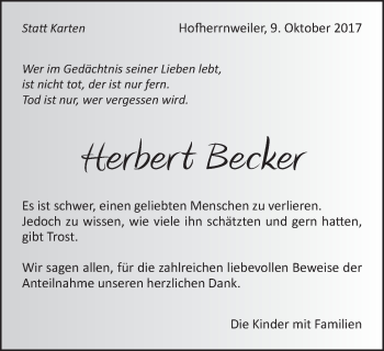 Traueranzeige von Herbert Becker von Schwäbische Post