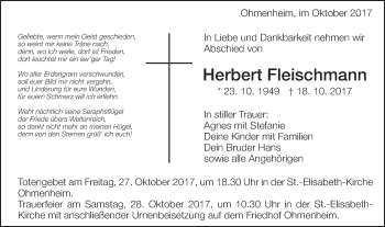 Traueranzeige von Herbert Fleischmann von Schwäbische Post