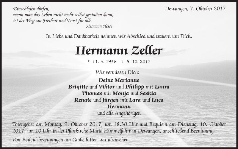  Traueranzeige für Hermann Zeller vom 07.10.2017 aus Schwäbische Post