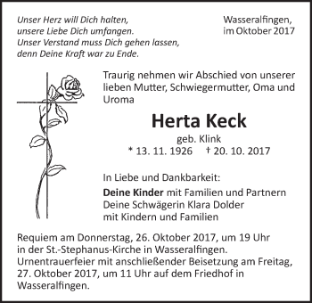 Traueranzeige von Herta Keck von Schwäbische Post