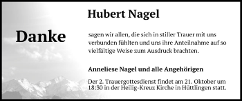Traueranzeige von Hubert Nagel von Schwäbische Post
