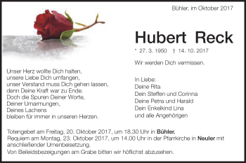 Traueranzeige von Hubert Reck von Schwäbische Post