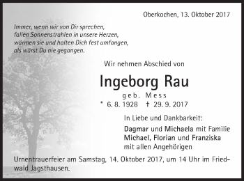 Traueranzeige von Ingeborg Rau von Amtsblatt_Oko