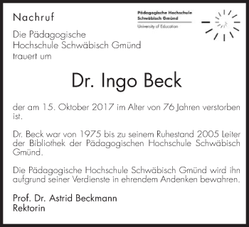 Traueranzeige von Ingo Beck von Gmünder Tagespost
