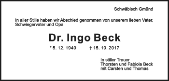 Traueranzeige von Ingo Beck von Gmünder Tagespost