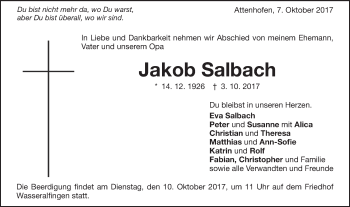 Traueranzeige von Jakob Salbach von Schwäbische Post