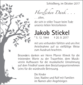 Traueranzeige von Jakob Stickel von Bopfinger Stadtanzeiger