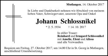 Traueranzeige von Johann Schlossnikel von Gmünder Tagespost