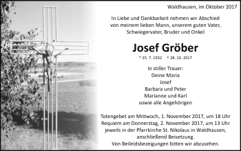 Traueranzeige von Josef Gröber von Schwäbische Post