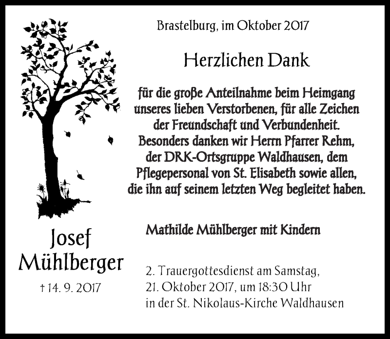  Traueranzeige für Josef Mühlberger vom 18.10.2017 aus Schwäbische Post