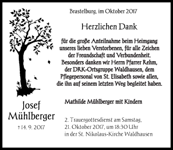 Traueranzeige von Josef Mühlberger von Schwäbische Post