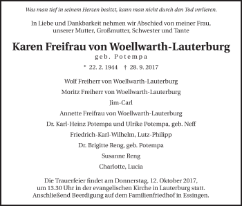 Traueranzeige von Karen Freifrau von Woellwarth-Lauterburg von Schwäbische Post