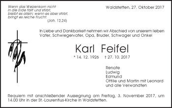 Traueranzeige von Karl Feifel von Gmünder Tagespost