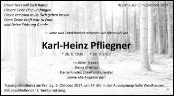 Traueranzeige von Karl-Heinz Pfliegner von Schwäbische Post